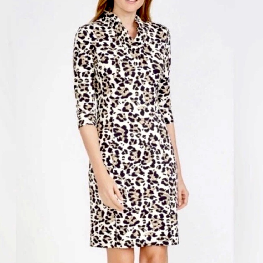 J McLaughlin Terin Sheath Dress Ruffle Neck Mozambique Animal Print SZ Small